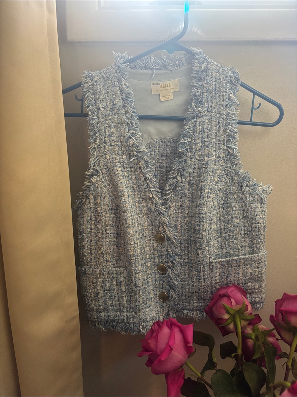 Maeve Light Blue Tweed Fringed Sleeveless Vest
